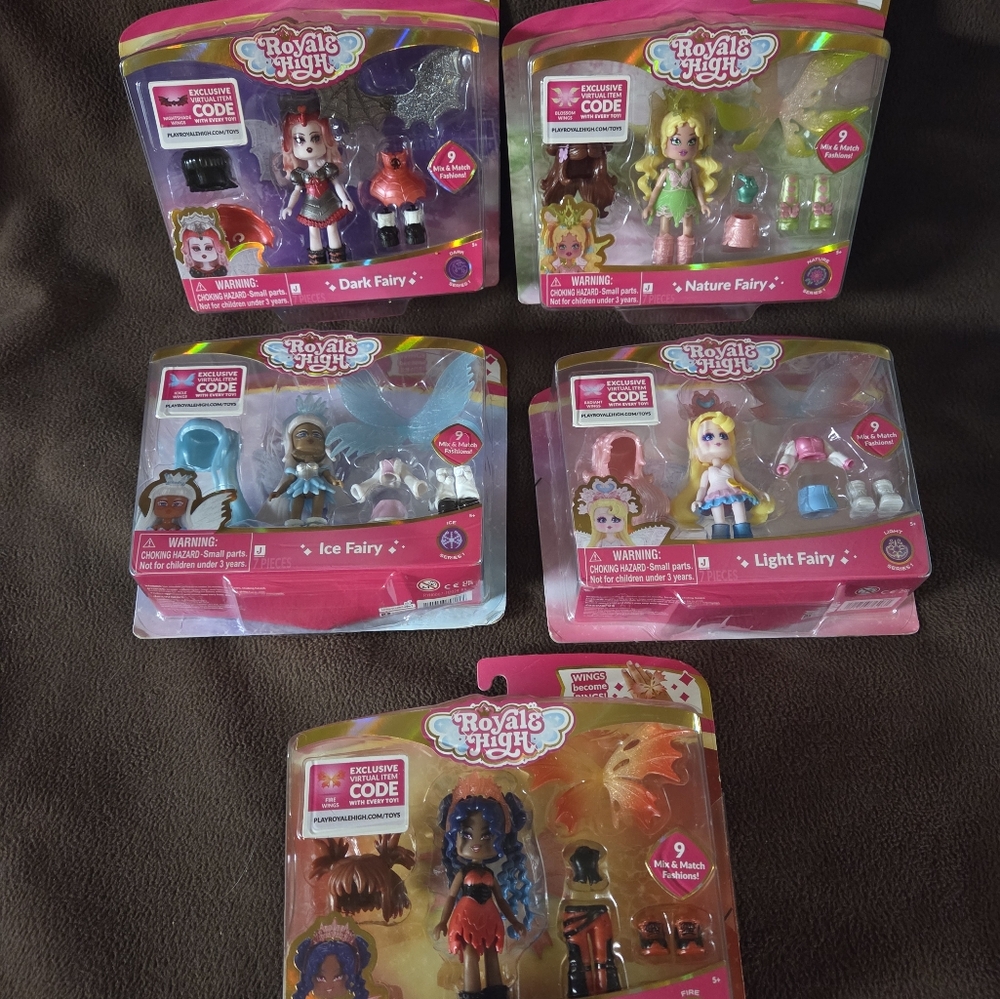 Royale High Dark Fairy, Nature Fairy, Ice Fairy, Light Fairy & Fire Fairy. New.